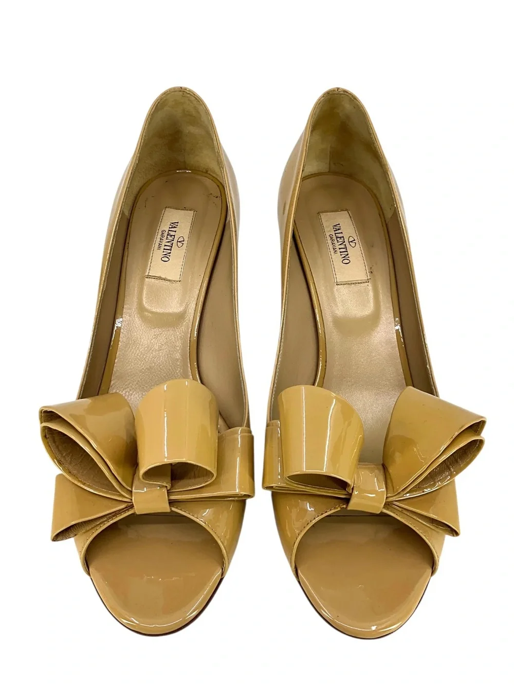 Valentino Garavani Patent Leather Couture Bow Peep-Toe Platform Pumps nude/beige